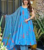 Floral printed muslin v neck sky-blue anarkali set