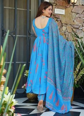 Floral printed muslin v neck sky-blue anarkali set 2