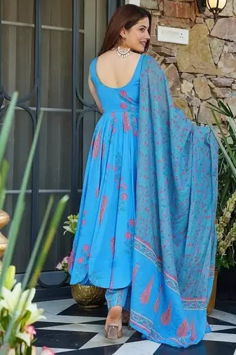 Floral printed muslin v neck sky-blue anarkali set
