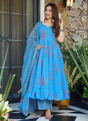 Floral printed muslin v neck sky-blue anarkali set 3