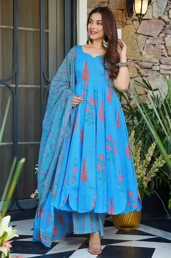 Floral printed muslin v neck sky-blue anarkali set