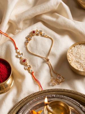 set of 2 kundan studded gold toned bhaiya bhabhi rakhi with roli chawal chandan mishri 1