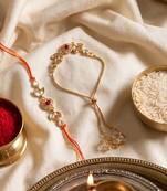 set of 2 kundan studded gold toned bhaiya bhabhi rakhi with roli chawal chandan mishri