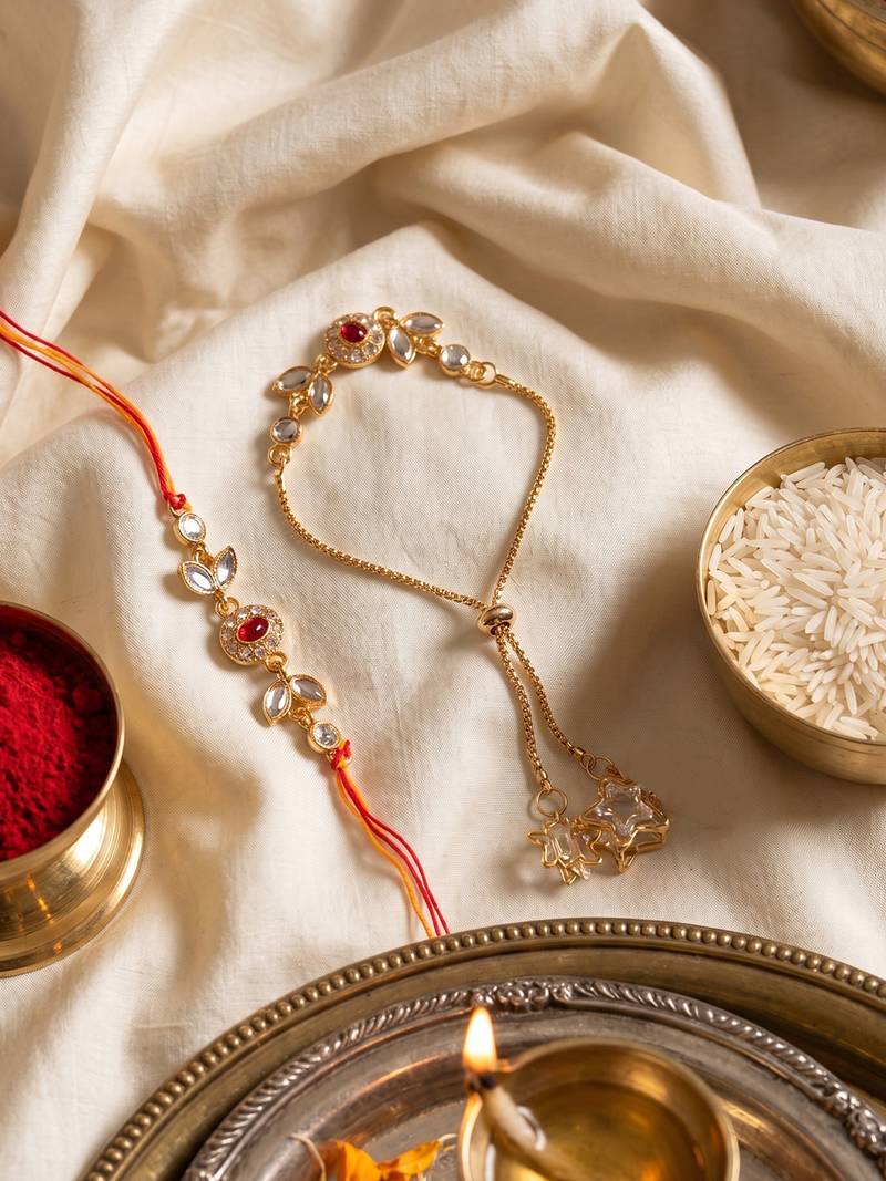 set of 2 kundan studded gold toned bhaiya bhabhi rakhi with roli chawal chandan mishri