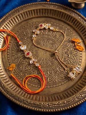 set of 2 kundan studded gold toned bhaiya bhabhi rakhi with roli chawal chandan mishri 2