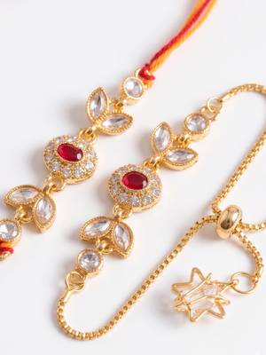set of 2 kundan studded gold toned bhaiya bhabhi rakhi with roli chawal chandan mishri 3