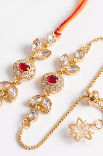 set of 2 kundan studded gold toned bhaiya bhabhi rakhi with roli chawal chandan mishri