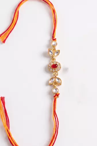 set of 2 kundan studded gold toned bhaiya bhabhi rakhi with roli chawal chandan mishri