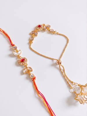 set of 2 kundan studded gold toned bhaiya bhabhi rakhi with roli chawal chandan mishri 5