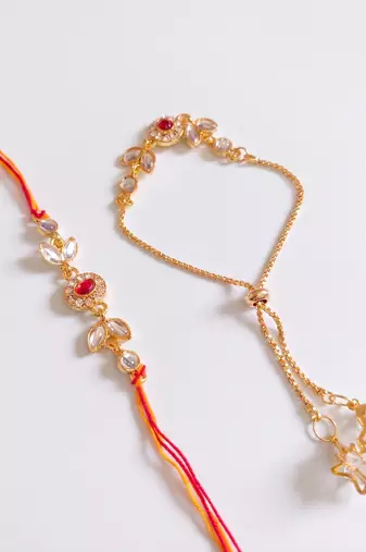 set of 2 kundan studded gold toned bhaiya bhabhi rakhi with roli chawal chandan mishri
