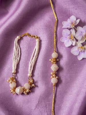 set of 2 gold toned & white pearls bhaiya bhabhi rakhi with roli chawal chandan mishri 5
