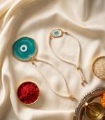 set of 2 evil eye design bhaiya bhabhi wraparound rakhi with roli chawal chandan