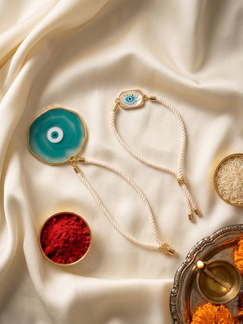 set of 2 evil eye design bhaiya bhabhi wraparound rakhi with roli chawal chandan