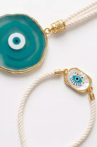 set of 2 evil eye design bhaiya bhabhi wraparound rakhi with roli chawal chandan
