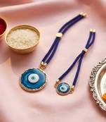 set of 2 blue evil eye design bhaiya bhabhi wraparound rakhi with roli chawal chandan