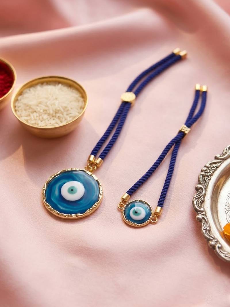 set of 2 blue evil eye design bhaiya bhabhi wraparound rakhi with roli chawal chandan