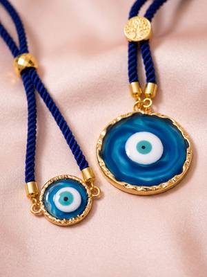 set of 2 blue evil eye design bhaiya bhabhi wraparound rakhi with roli chawal chandan 2