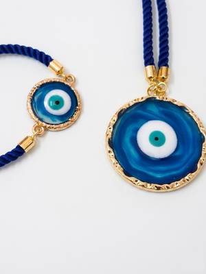 set of 2 blue evil eye design bhaiya bhabhi wraparound rakhi with roli chawal chandan 3