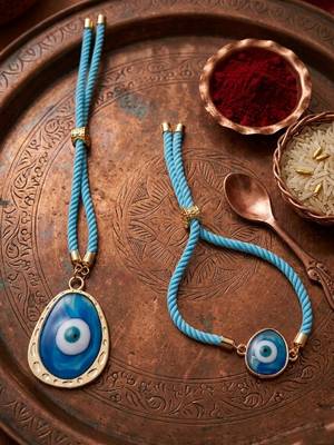 set of 2 blue evil eye bhaiya bhabhi wraparound rakhi with roli chawal chandan mishri 1