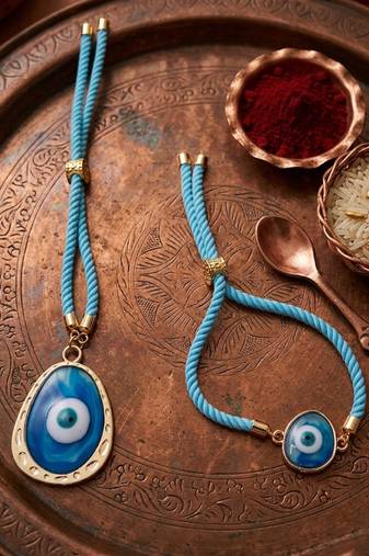 set of 2 blue evil eye bhaiya bhabhi wraparound rakhi with roli chawal chandan mishri