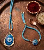 set of 2 blue evil eye bhaiya bhabhi wraparound rakhi with roli chawal chandan mishri
