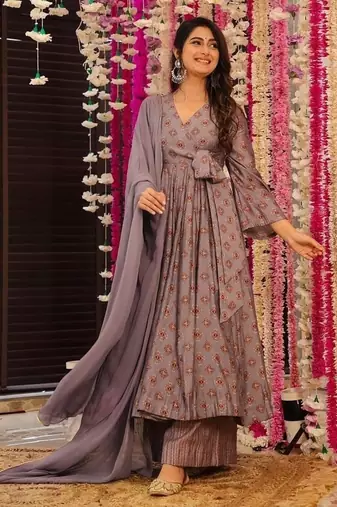Floral printed muslin v neck purple anarkali set