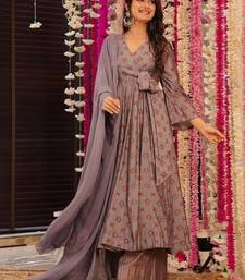 Floral printed muslin v neck purple anarkali set