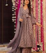 Floral printed muslin v neck purple anarkali set