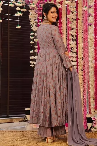 Floral printed muslin v neck purple anarkali set