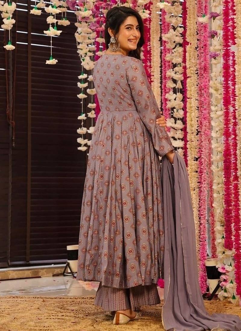 Floral printed muslin v neck purple anarkali set