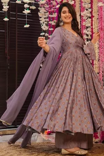Floral printed muslin v neck purple anarkali set
