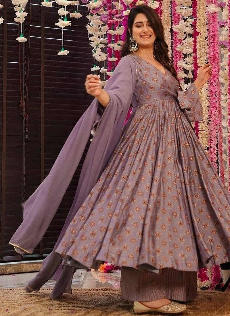 Floral printed muslin v neck purple anarkali set