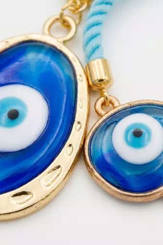 set of 2 blue evil eye bhaiya bhabhi wraparound rakhi with roli chawal chandan mishri