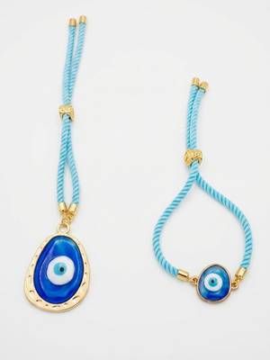 set of 2 blue evil eye bhaiya bhabhi wraparound rakhi with roli chawal chandan mishri 5