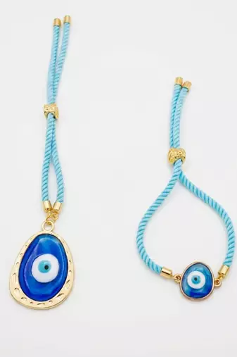 set of 2 blue evil eye bhaiya bhabhi wraparound rakhi with roli chawal chandan mishri