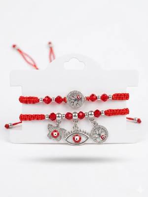 set of 2 red & silver evil eye design bhaiya bhabhi rakhi with roli chawal chandan 1