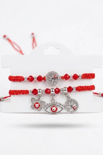 set of 2 red & silver evil eye design bhaiya bhabhi rakhi with roli chawal chandan