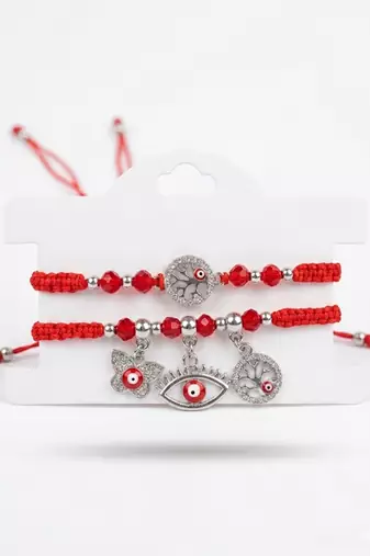 set of 2 red & silver evil eye design bhaiya bhabhi rakhi with roli chawal chandan