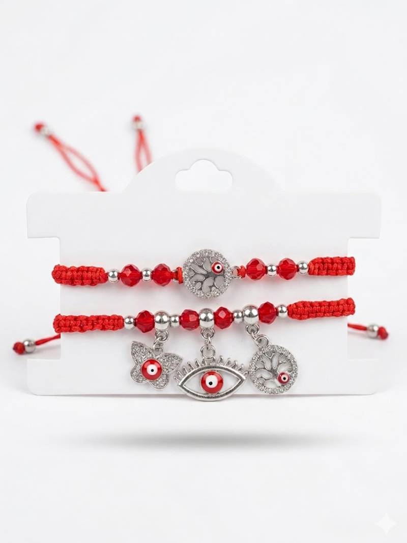set of 2 red & silver evil eye design bhaiya bhabhi rakhi with roli chawal chandan
