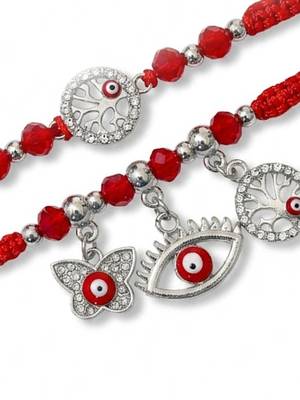 set of 2 red & silver evil eye design bhaiya bhabhi rakhi with roli chawal chandan 3