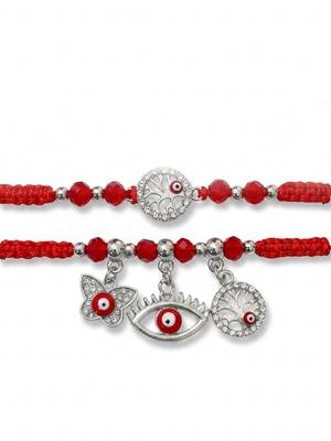 set of 2 red & silver evil eye design bhaiya bhabhi rakhi with roli chawal chandan 4