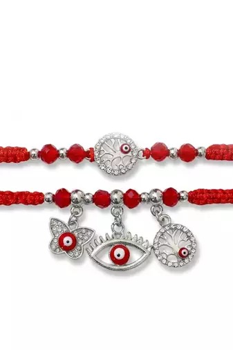 set of 2 red & silver evil eye design bhaiya bhabhi rakhi with roli chawal chandan