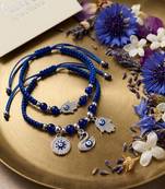 set of 2 blue & silver evil eye design bhaiya bhabhi rakhi with roli chawal chandan