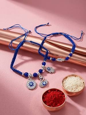 set of 2 blue & silver evil eye design bhaiya bhabhi rakhi with roli chawal chandan 2