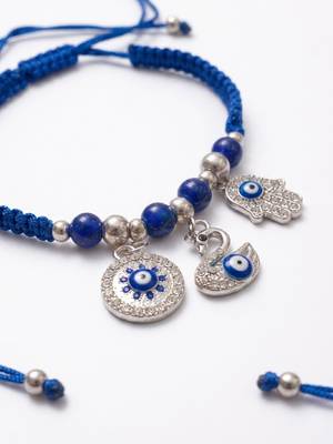 set of 2 blue & silver evil eye design bhaiya bhabhi rakhi with roli chawal chandan 3