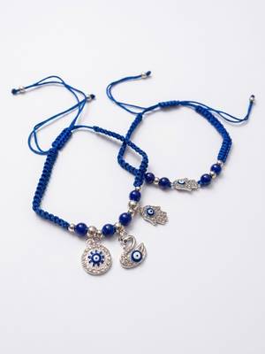 set of 2 blue & silver evil eye design bhaiya bhabhi rakhi with roli chawal chandan 4