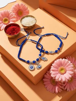 set of 2 blue & silver evil eye design bhaiya bhabhi rakhi with roli chawal chandan 5