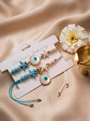 set of 2 blue evil eye & white pearl bhaiya bhabhi rakhi with roli chawal chandan 2