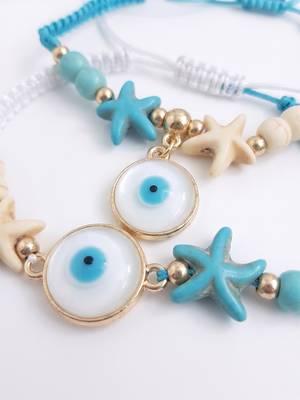 set of 2 blue evil eye & white pearl bhaiya bhabhi rakhi with roli chawal chandan 3
