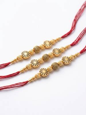 set of 3 red & gold toned artificial stones & beads thread rakhi with roli chawal 2